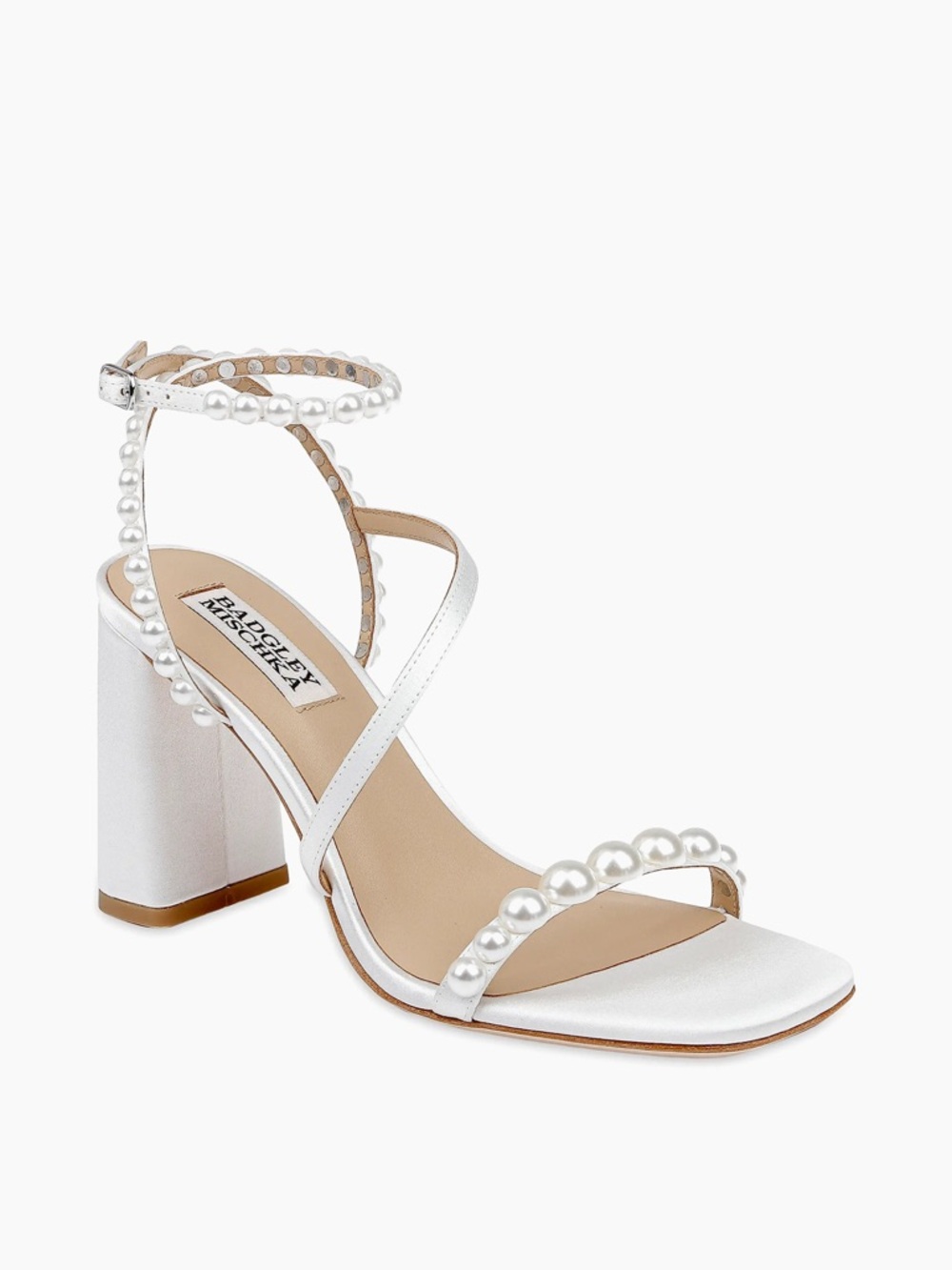 New Badgley Mischka White Pearl-Strap Block Heel Sandals size 11